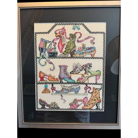 Framed Cross-Stitch Artwork Shoes Design Handmade Bucilla Silver in color frame - Picture 2 of 10